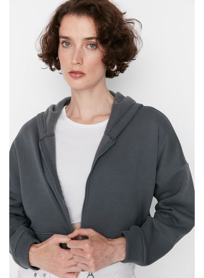 Buy Anthracite Basic Zippered Hoody Crop Thick Fleece Inside Knitted Sweatshirt TWOAW20SW0660 in Egypt