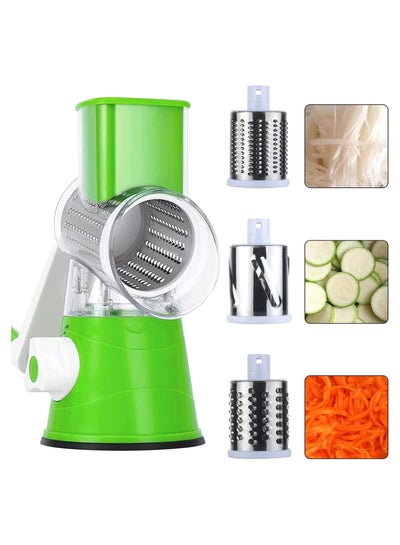 Buy Vegetable Mandoline Slicer Chopper- Rotary Cheese Grater with 3 Interchangeable Ultra Sharp Cylinders Stainless Steel Blades (Green) in UAE