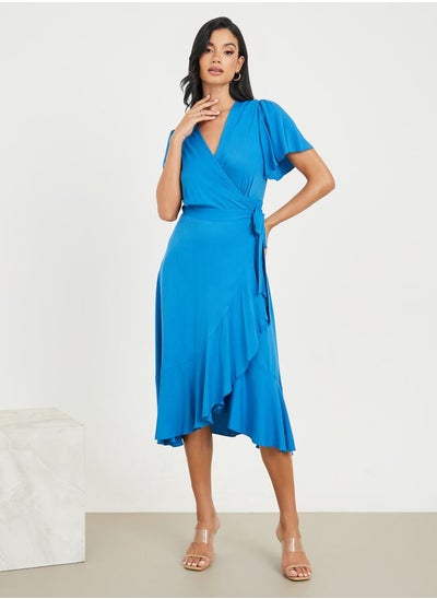 Buy Ruffle Asymmetric Hem Wrap Midi Dress in Saudi Arabia