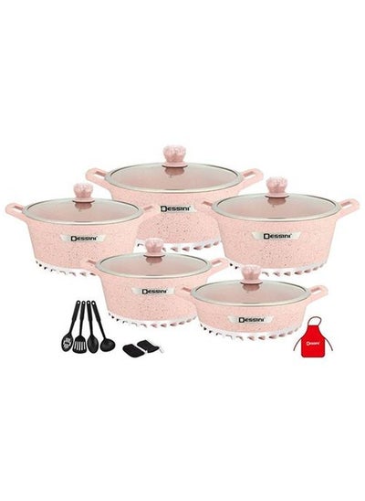 Buy DESSINI 17-Pieces Granite Cookware Set Includes Casserole With Lid 24cm, Casserole With Lid 28cm, Casserole With Lid 32cm, Casserole With Lid 28cm, Shallow Casserole 7xCooking Tools Pink/Clear in UAE