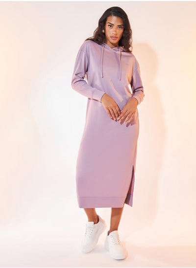 Buy Plain Long Sleeve Hooded Midi Dress with Dropped Shoulder in Saudi Arabia