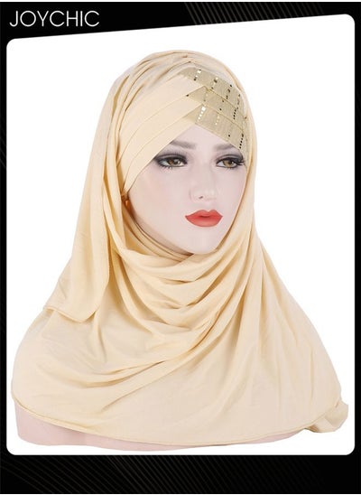 اشتري Muslim Hijab Instant Hijab for Women Glitter Sequin Forehead Cross Turban Islamic Head Scarves Shawl Wrap Long Fashion Chiffon Scarf Premium Head Cover for Women and Girls Beige في الامارات