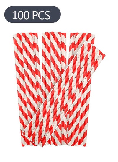 Buy 100-Piece Disposable Drinking Striped Paper Straws, Red Striped Paper Straws for Juice Shakes Smoothies Cocktail in Saudi Arabia