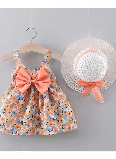 Buy Sweet & Cute Baby Girl's Flower Print Puffy Cami Dress,  Bow & Hat Toddler's Beach Holiday  Dress Up,2 PCS in UAE