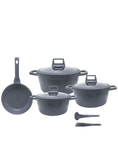 Buy 9-Piece Aluminum Cookware Set Black; Casserole Sizes 20,24,28CM; Frypan Size 26CM; Tempered Glass Lid With Silicone Ring, Non-Stick & Granite Coating, Induction Bottom For Even Heating in Saudi Arabia