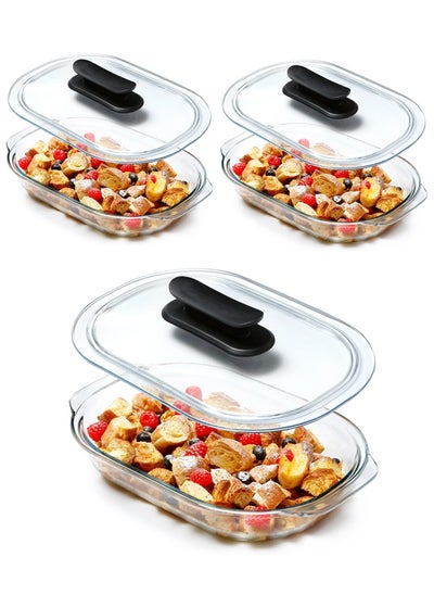 Buy 3 Liter Glass Casserole Dish With Glass Lid, Easy Grip Handle, Oval Oven Safe Glass Bakeware with Lid (Set of 3) in UAE