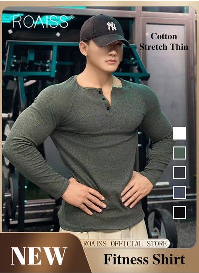 Buy Casual Fitness Henley Shirts for Men Long Sleeve Sweatshirt with Top Button Slim Fit Lightweight Elastic Ribbed Tops in Saudi Arabia