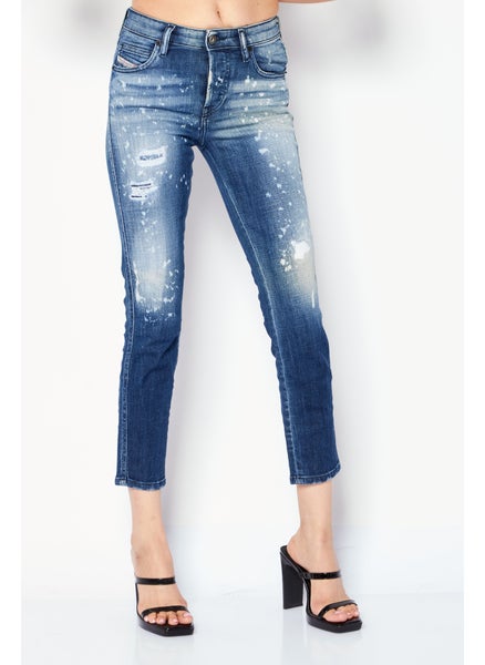 اشتري Women Regular Fit Button Fly Ripped Denim Jeans, Blue Wash في الامارات