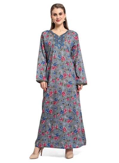 اشتري MULTICOLOUR FLORAL PRINTED WITH EMBROIDERED ELEGANT ARABIC KAFTAN JALABIYA DRESS في السعودية