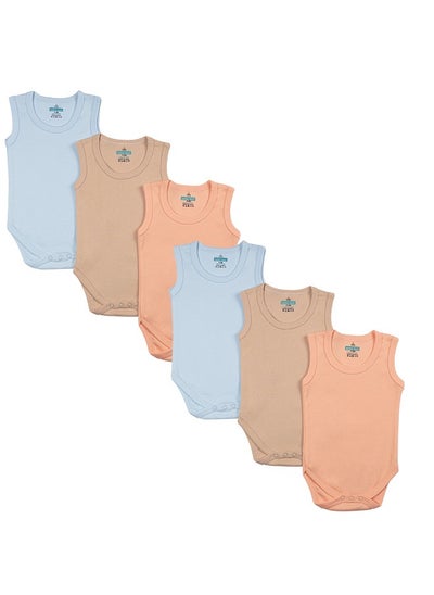 Buy BabiesBasic 100% Super Combed Cotton, SleeveLess Romper/Bodysuit, for New Born to 24months. Set of 6 - Blue, Orange, Brown in UAE