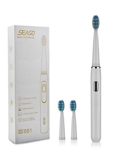 Buy Sonic Rechargeable Electric Toothbrush With 3 Brush Heads White in Saudi Arabia