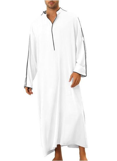 اشتري Men's Muslim Loose Casual Robe Thobe Stand Collar Long Sleeve Kaftan White في السعودية