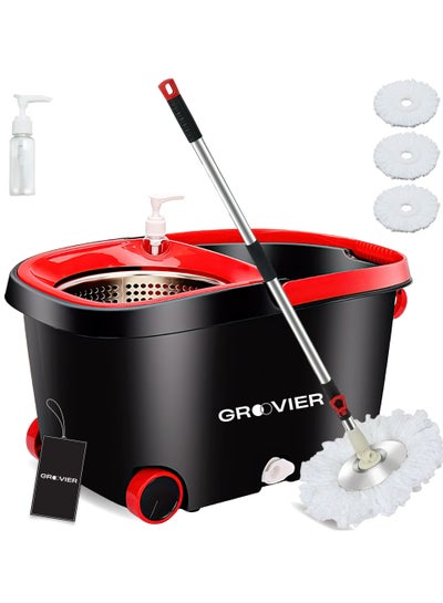 Buy GROOVIER Spin Mop Bucket - 2x Drier Mopping, Stainless Steel Deluxe 360 Spinning Mop Bucket Floor Cleaning System w/Microfiber Mop Heads,125cm Extended Handle, 2x Wheel for Home Cleaning (45x26x23cm) in UAE