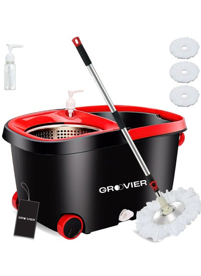 اشتري GROOVIER Spin Mop Bucket - 2x Drier Mopping, Stainless Steel Deluxe 360 Spinning Mop Bucket Floor Cleaning System w/Microfiber Mop Heads,125cm Extended Handle, 2x Wheel for Home Cleaning (45x26x23cm) في الامارات