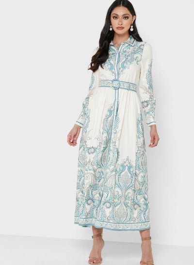 Buy Collar Belted Printed Dress in Saudi Arabia