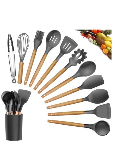 اشتري Silicone Cooking Utensil Set, 12 Piece, Heat Resistant Spatulas and Spoons for Non-Stick Pots and Pans (Black) في الامارات