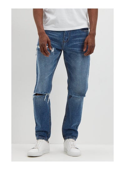Buy Tapered Slash Mid Blue Ripped Jeans in Saudi Arabia