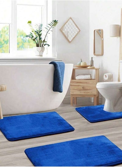 Buy 3-Pieces European Simple Style Toilet Floor Mat Suit Bathroom Carpet Set Polyester Fiber Blue in UAE