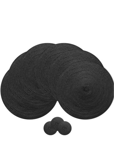 Buy Round Braided Placemats Set of 6 Washable Round Table Mats, Cotton Polyester Woven Heat Resistant Place mats, Non-Slip Dining Tables Polypropylene PlaceSet(Black) in UAE