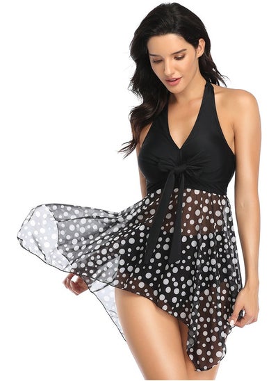 Buy Polka Dot Asymmetric Hem Swimsuit Black in Saudi Arabia