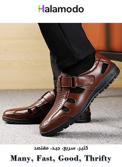 Buy Casual Genuine Leather Shoes Hollow Breathable Sandals for Men Brown 40yards in Saudi Arabia