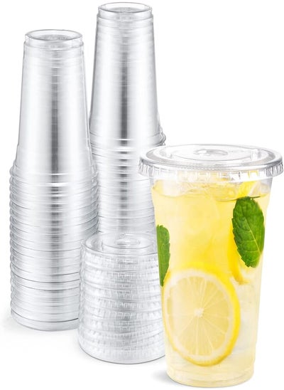 Buy Eupako 12 oz Plastic Cups with Lids 100 Sets Clear Disposable Plastic Party Cups with Flat Lids to Go, Cold Drink Cups, Smoothie Cups, Milkshake Cups in Egypt