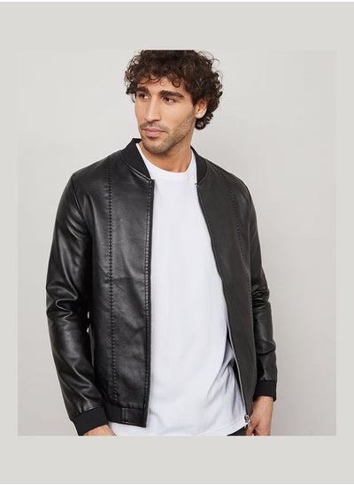 Buy Leather Look Classic Bomber Jacket in Saudi Arabia