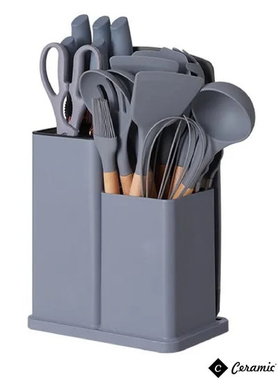 اشتري Kitchen Utensils Set of 19 Silicone Cooking Utensils with Holder Non stick Cookware Friendly And Heat Resistant Grey في الامارات