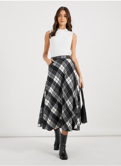 Buy Plaid Check Elastic Waist A-Line Midi Skirt in Saudi Arabia