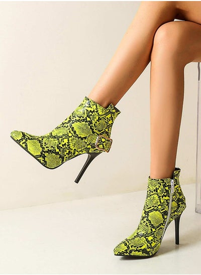 Buy Snakeskin Print Buckle Decor Side Zipper Stiletto Boots in UAE