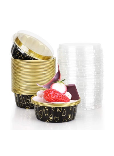 Buy 8oz Disposable Cupcake Cups with Lids Ramekins Foil Black Gold Aluminum Creme Brulee Muffin Baking Mini Pudding Cake Tins for Party Wedding Birthday 50 Pack in Saudi Arabia