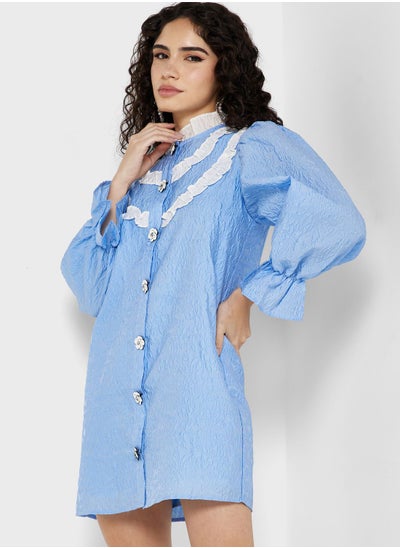 Buy Balloon Sleeve Button Down Ruffle Dress in UAE