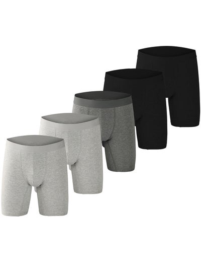 اشتري Men's 5-Pack Boxer Briefs - Mid-Rise, Anti-Chafing Stretch Cotton, Breathable Athletic Underwear in Assorted Colors (Black/Gray/Light Grey) - Available in XL في السعودية