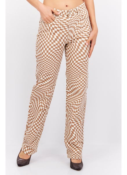 اشتري Women Regular Fit Checkered Jean, Off White/Brown في الامارات