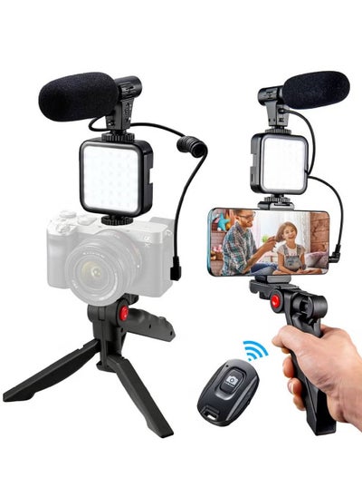 Buy Vlogging"Like Me" LED Video Light + Microphone + Mobile Phone Holder + Hand Grip/Mini Tripod Compatible with Smart phones for TikTok, Youtube, Live Streaming and Meetings in UAE