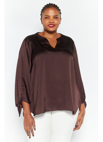 Buy Women Plus Size Split Neck Long Sleeves Textured Blouse, Chocolate Brown in UAE