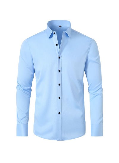 Buy Men's Elastic Long Sleeve Shirt Solid Youth Men's Wear Non iron Shirt Blue in Saudi Arabia