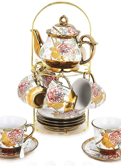 Buy 20 Pieces Porcelain Tea Set With Metal Holder, European Ceramic tea set for adults ,Turkish Tea Set,Tea Set For Cups& Saucer Service for 6, with  Teaspoons in UAE