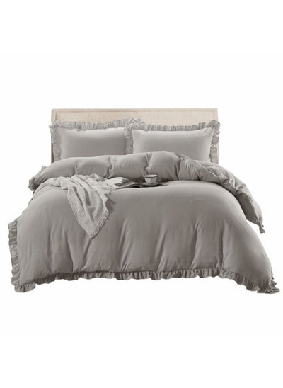 Buy 3-Piece Single Size Duvet Cover Set with Ruffled Border and No Filler Grey in Saudi Arabia