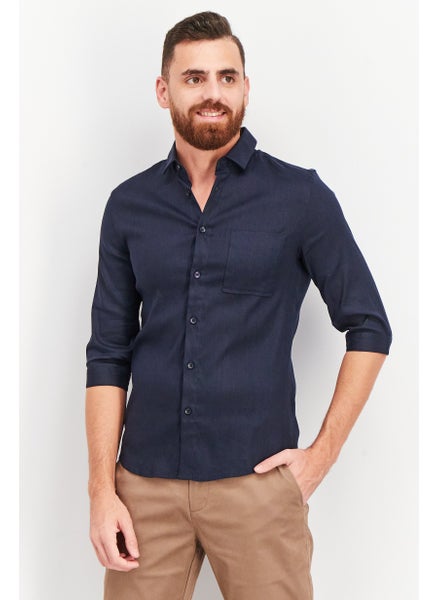 Buy Men Slim Fit 3/4 Sleeve Solid Casual Shirt, Navy in UAE