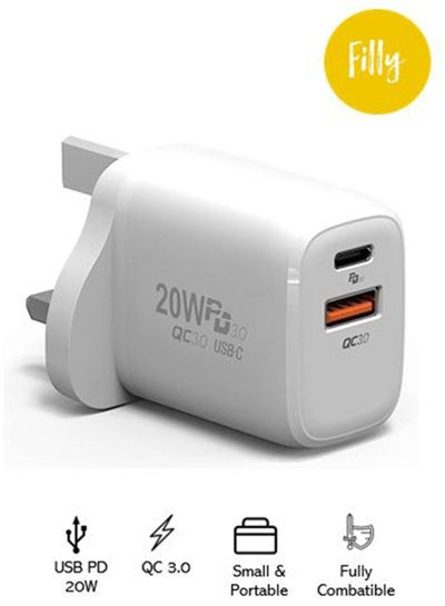 Buy 20W USB C PD Fast Charger, Dual Port Type-C QC3.0 Wall Adapter UK Plug, compatible with iPhone 13/12/12 Mini/12 Pro/12 Pro Max, Galaxy, Pixel 4/3, iPad Pro,  (Without Cable, White) in UAE