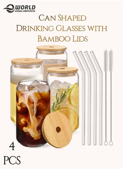 Buy 4 Piece Reusable Drinking Glasses with Bamboo Lids and Straws in UAE