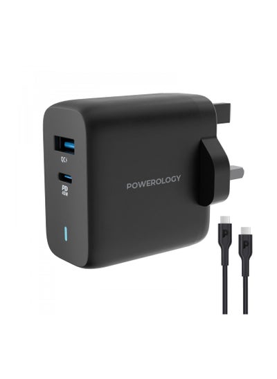 اشتري Powerology شاحن GaN مزدوج المنفذ فائق السرعة QC3.0 + PD 45W مع كابل USB-C إلى USB-C 60W - أسود في الامارات