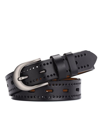 اشتري Ladies Hollow Carved No-Hole Genuine Leather BeltBlack Black في السعودية