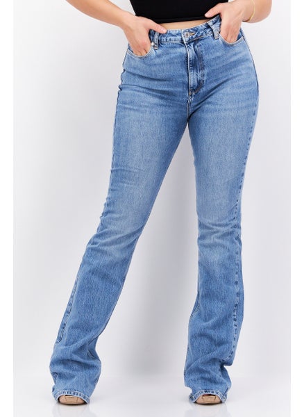 Buy Women Regular Fit Wash Flare Leg Stretchable Denim, Blue in UAE