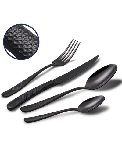 اشتري Hammered Silverware Set, 4 Piece Modern Black 18 Or 10 Stainless Steel Flatware Set With Forks Spoons And Knives, Unique Metal Cutlery Sets For Home Restaurant, Mirror Polished And Dishwasher Safe في السعودية