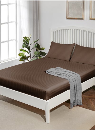 Buy Double Stripe Fitted Sheet with 2 Pillow Case 160 x 200 Cm Coffee Brown in UAE