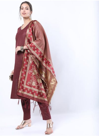 اشتري Embroidered Lace Trim Kurta and Straight Leg Pant with Textured Dupatta Set في السعودية