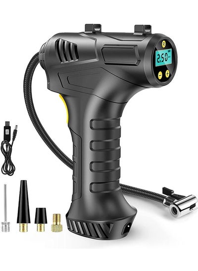 Buy Cordless Tyre Inflator Air Compressor, 12V USB Rechargeable Battery 150PSI Portable Car Tyre Pump, Electric Digital Tyre Pump with LED Light and 3 Nozzle Adaptors for Car Motorcycle Bicycle in UAE