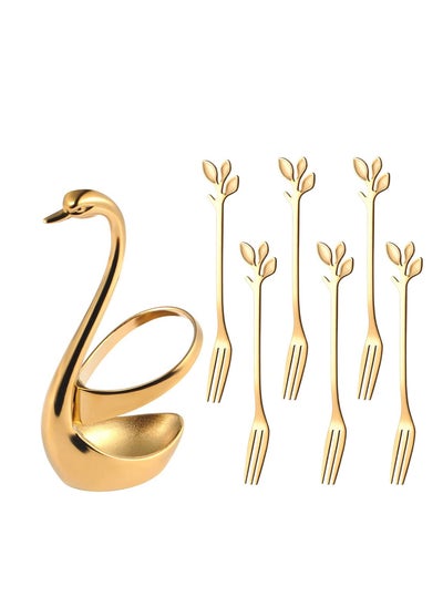 اشتري Decorative Swan Base Holder With 6pcs Dessert Forks Set - Creative Gold Leaf Dessert Forks - Premium Food Grade Stainless Steel - Mirror Finish (Gold Swan Base Holder+6pcs Forks) في الامارات